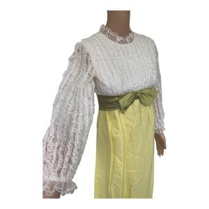 Vintage 60s White Lace and Yellow Formal with Green Sash Empire Gown XS